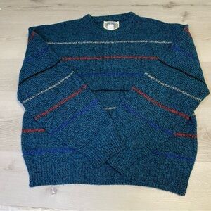 Vintage Wool Blend Sweater, Teal Heather w/Multicolor Stripes size Large